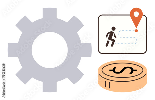 Cogwheel alongside a navigation map with running figure and location pin, paired with a coin. Ideal for process optimization, goal tracking, business, planning strategy, finance, navigation