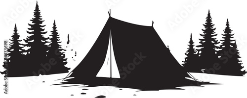 Black silhouette of a tent and pine trees in a forest