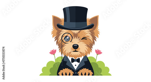 A dapper Yorkshire terrier dog wearing a monocle and a top hat with a tuxedo.