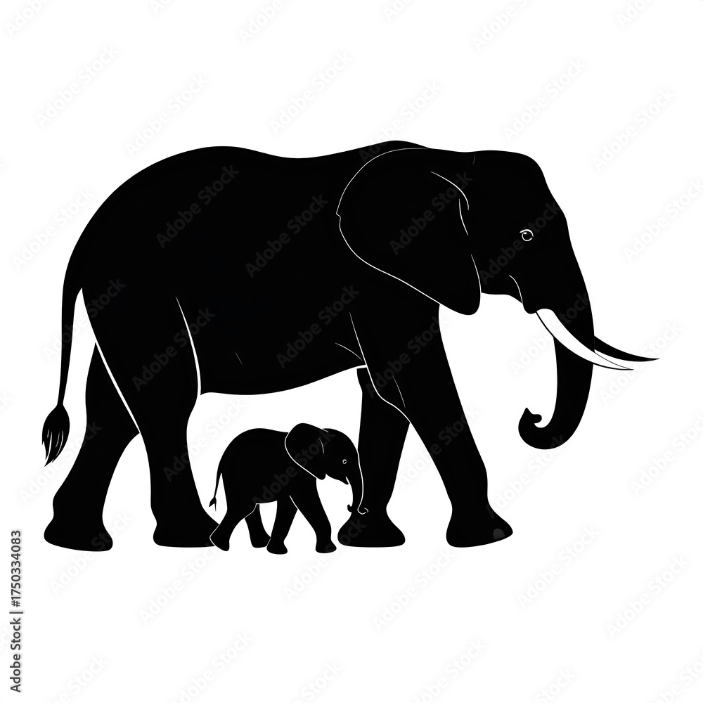 Fototapeta premium Silhouette of a mother elephant and her calf