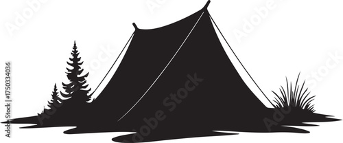 Black silhouette of a tent with pine trees and grass