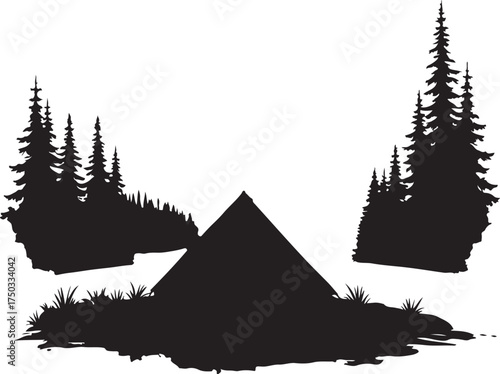 Black silhouette of a tent in a forest with pine trees
