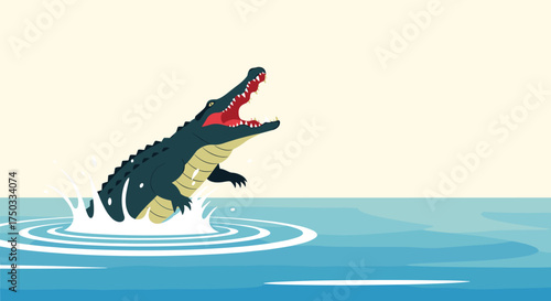 A powerful crocodile leaps from the water with its mouth wide open.
