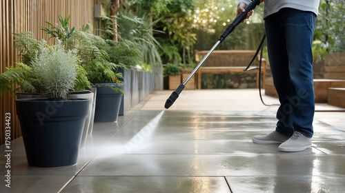Outdoor patio cleaning with pressure washer in residential area