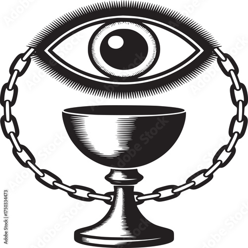 Intricate occult symbol featuring all seeing eye and chalice, chained in monochrome artwork