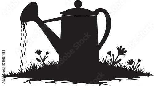 Black silhouette of a watering can pouring water on grass and flowers