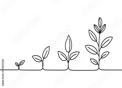 Plant growth stages in single line drawing representing business development and financial growth progression conceptual minimal linear illustration