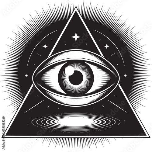 Striking black and white illustration of a powerful eye within a triangle with cosmic elements, perfect for branding