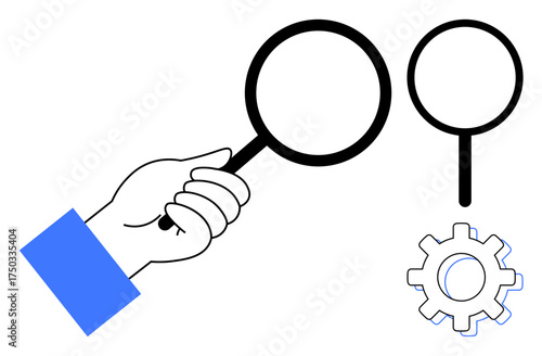 Human hand holding magnifying glass, second glass and gear. Ideal for search, analysis, exploration, investigation, research, problem-solving technology. Simple flat metaphor