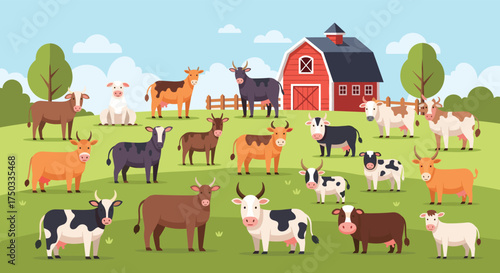 A charming farm scene filled with various farm animals including cows goats and pigs in a lush green field with a red barn in the background.