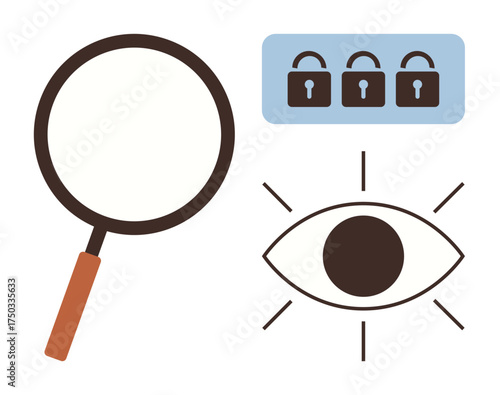 Magnifying glass, focused eye, and padlocks emphasize exploration, focus, and privacy. Ideal for ideas thumbs up analysis, security, searching protection privacy focus digital technology. Simple