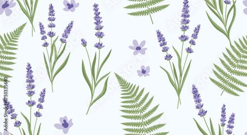 A serene pattern featuring delicate lavender sprigs and wispy green ferns on a soft pastel background.