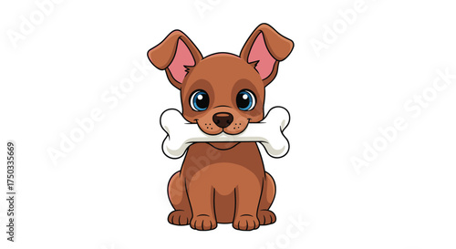 A cute brown puppy with big blue eyes holds a white bone in its mouth.