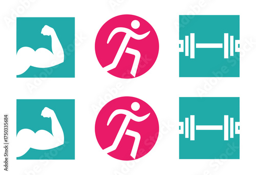 Fitness and gym logos set for health, workout, running, and bodybuilding with dumbbells and bicep icons