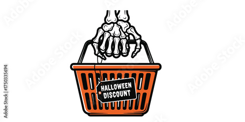 A skeletal hand clutches the handles of an orange shopping basket. A sign reads Halloween Discount.