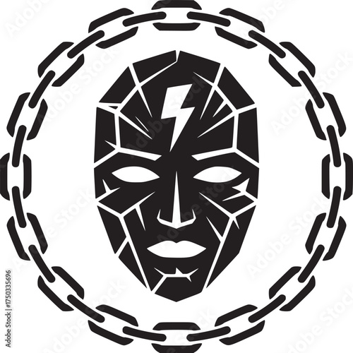 Bold shattered mask with lightning bolt encircled by strong chains, a powerful symbol of resilience