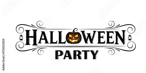 A stylized text graphic announces a Halloween Party, featuring a glowing jack o lantern and ornate decorative elements.