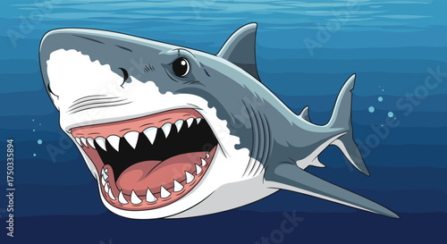 This pixel art depicts a ferocious great white shark swimming underwater with its mouth open and sharp teeth exposed.