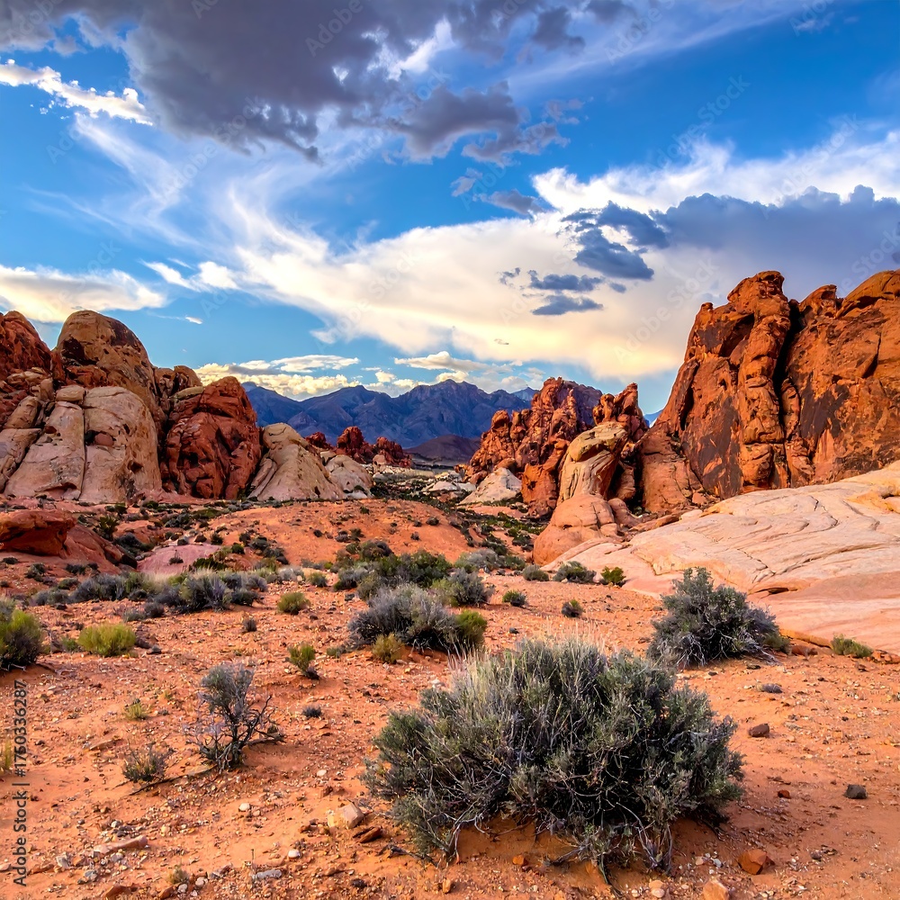 Fototapeta premium Vivid canyon scene with vibrant rock formations under a dramatic sky