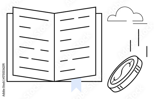 Open book with bookmark, falling coin, and cloud outline suggesting knowledge, education, financial progress, innovation, learning, aspirations and opportunity. Ideal for simple flat metaphor
