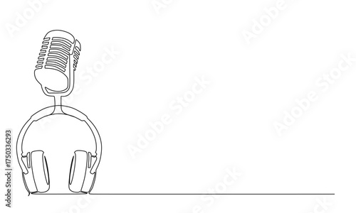  Retro microphone and headphones radio podcast concept simple continuous one line drawing