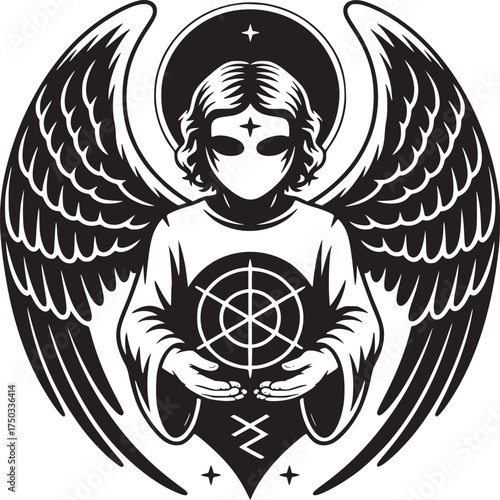 Striking angel illustration with wings and halo, perfect for tattoos, logos, or gothic designs