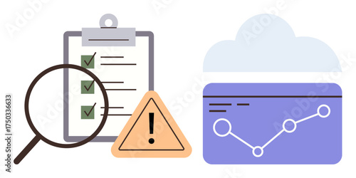Magnifying glass examining checklist, yellow warning alert, cloud storage, analytics graph. Ideal for audit process, security alert, risk analysis, cloud storage, data monitoring research simple