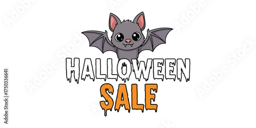 A charming cartoon bat hovers above bold text announcing a Halloween sale with a spooky, drippy font.