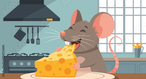 A happy mouse enjoys a large piece of swiss cheese in a kitchen.