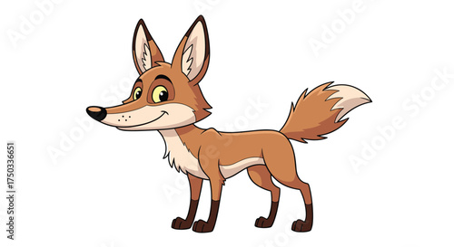 A cartoon illustration of a sly fox with its tail wagging.