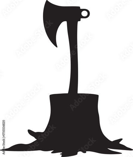 Black silhouette of an axe embedded in a tree stump