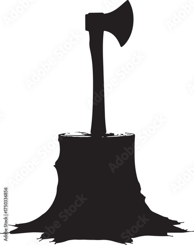 Black silhouette of an axe embedded in a tree stump