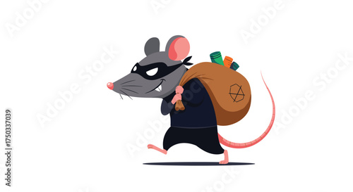 A mischievous cartoon rat wearing a mask and carrying a large sack of stolen goods over its shoulder.