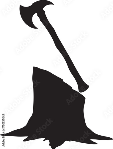 Black silhouette of an axe stuck in a tree stump chopping
