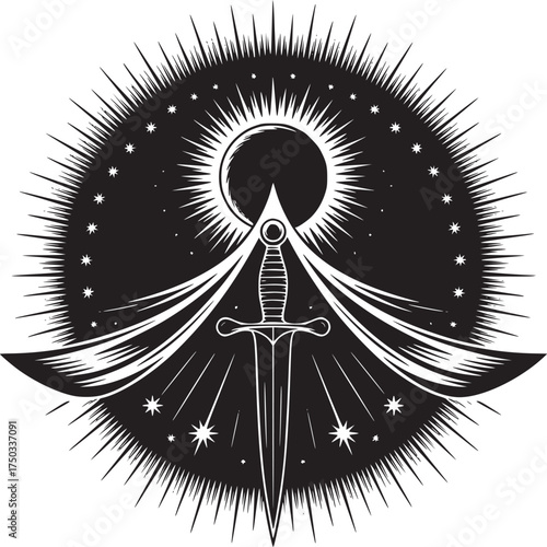 Enigmatic dagger graphic shining brightly with stars and celestial moon details for magical designs