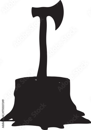 Black silhouette of an axe stuck in a tree stump wood