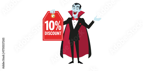 A cartoon vampire stands next to a red tag advertising a 10 percent discount. The vampire wears a tuxedo and cape.