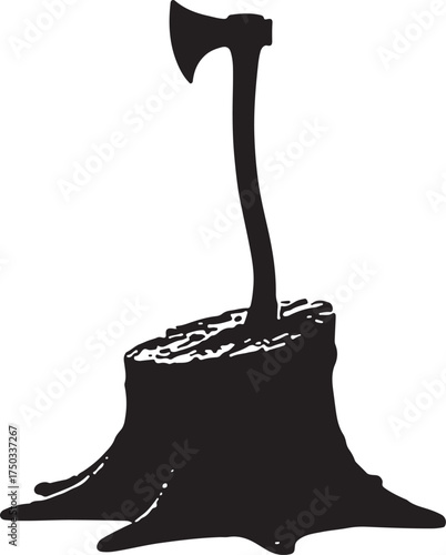 Black silhouette of an axe stuck in a tree stump wood