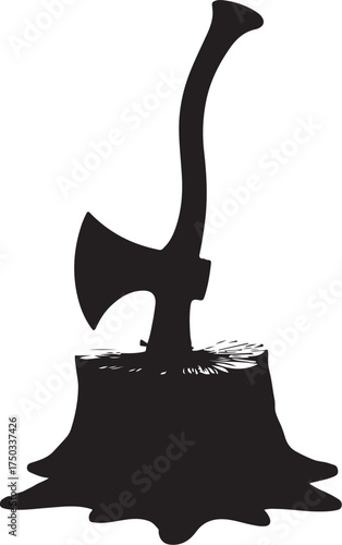Black silhouette of axe embedded in tree stump wood