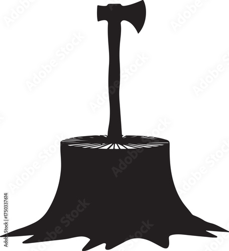 Black silhouette of axe embedded in tree stump wood 6