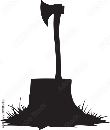 Black silhouette of axe stuck in tree stump with grass