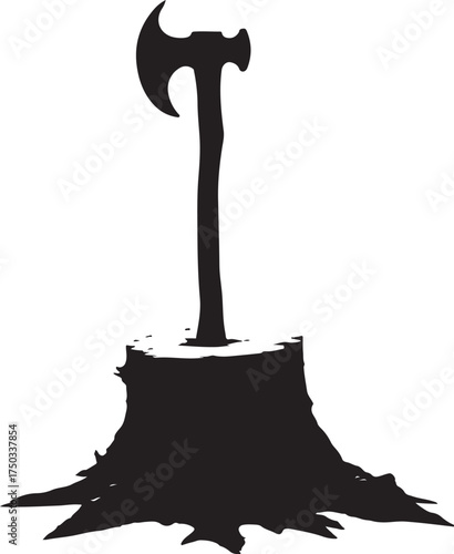 Black silhouette of axe stuck in tree stump white