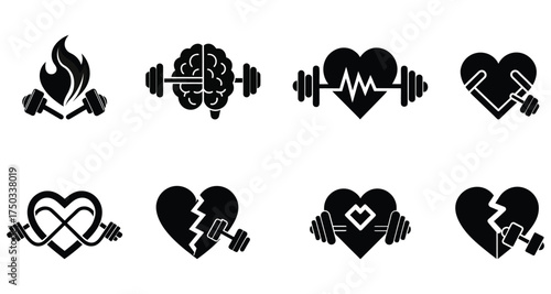 Heart and Dumbbell Icons Set Fitness, Gym, Workout, Love, and Motivation Vector Illustration
