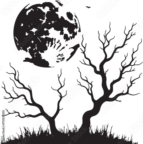 Black silhouette of bare trees and full moon halloween