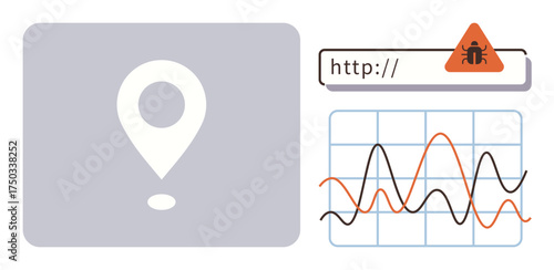Location pin, warning sign with bug on web URL, and fluctuating data chart. Ideal for security, monitoring, tracking, analytics, cybersecurity risk assessment digital safety. Simple flat metaphor