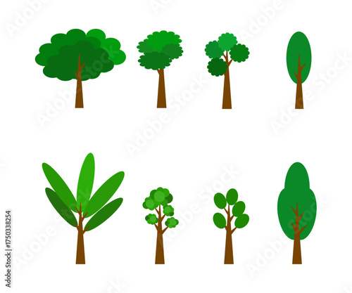 Set of cartoon vector trees in various shapes and green tones. Eight different tree designs with brown trunks and leafy crowns arranged on a white background. Suitable for eco projects, nature illustr