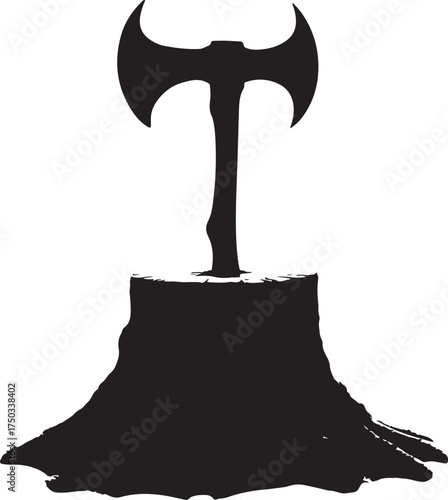 Black silhouette of double headed axe in tree stump