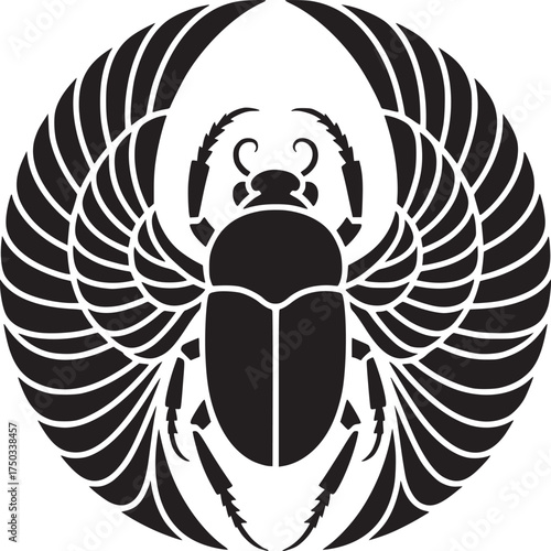 Ancient scarab beetle with wings, Egyptian symbol of rebirth, black and white design for creative projects