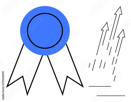 Blue badge with ribbons symbolizing accomplishment, paired with ascending arrows for growth, success, and improvement. Ideal for leadership, motivation, rewards, achievement, career growth