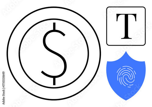 Bold dollar sign inside a circle, a square text block, and a blue shield with a fingerprint representing finance, text, protection, security, identity, privacy and authentication. Ideal for finance